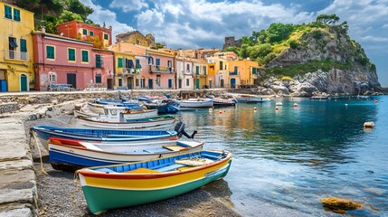 A scenic view of a tranquil fishing village with colorful boats docked by the pier and quaint houses along the shore