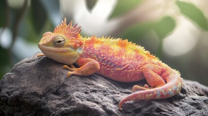 Fototapeta premium Colorful Reptile Resting on Sunlit Dappled Rocks
