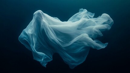 Fototapeta premium Underwater flowing white fabric, ethereal and ghostly in dark blue water.