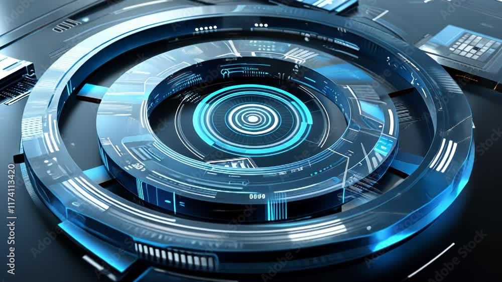 Poster dynamic digital interface showcasing futuristic design elements and vibrant blue tones through intri
