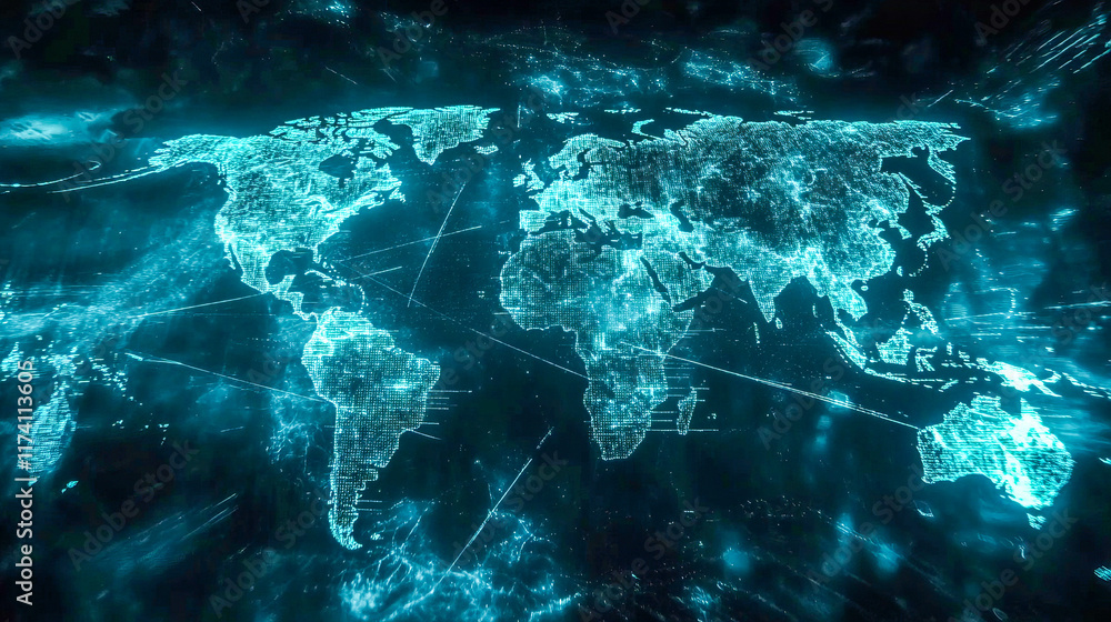 Poster digital world map with glowing neon blue connectivity lines and data patterns