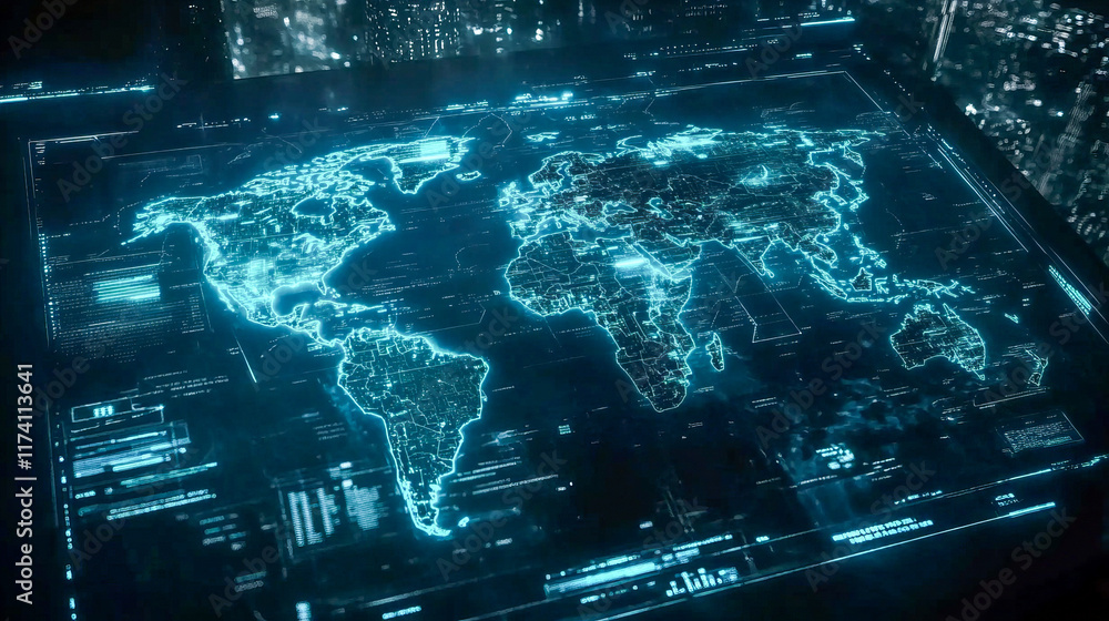 Poster futuristic digital world map interface with technological elements