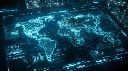 Futuristic digital world map interface with technological elements