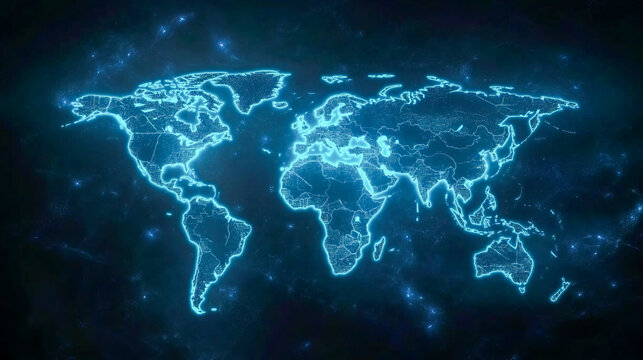 Glowing digital world map with bright neon contours on dark background