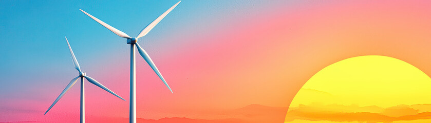 Wind turbines against vibrant sunset sky, symbolizing renewable energy