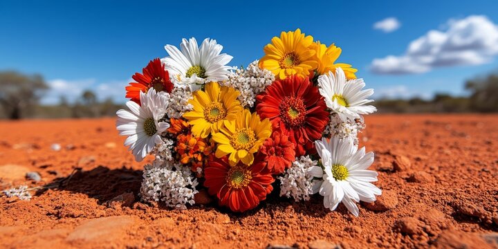 Colorful bouquet lying on the red sand of australian outback under blue sky