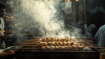 Smoky grilled skewers cooking on a street food stall.