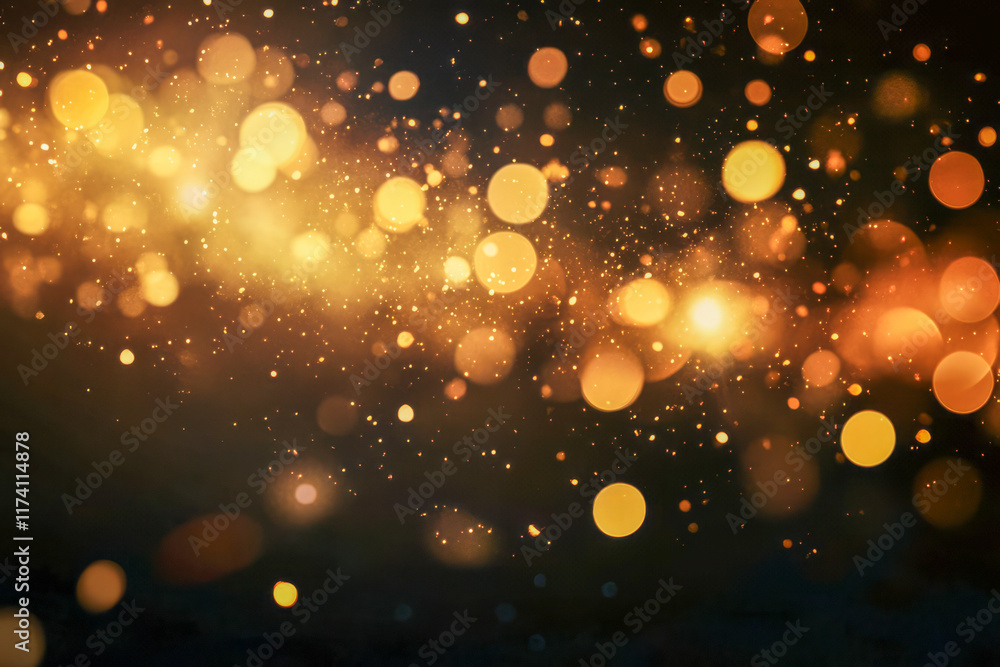 Poster golden bokeh lights against a dark background creating a warm, sparkling glow