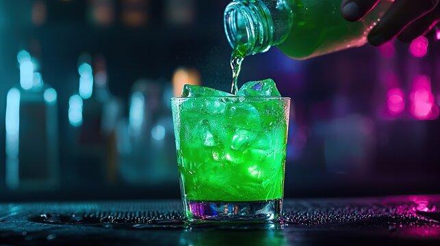 Bartender pours vibrant green Midori Sour cocktail into glass at night