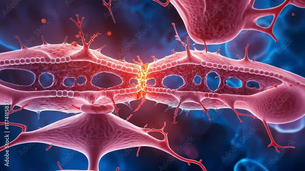 Poster detailed visualization of neuronal connections and synapses highlighting biological structures and s