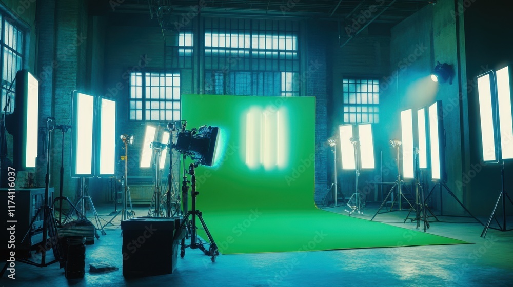 Poster a green screen studio setup with tracking markers visible, surrounded by professional lighting.