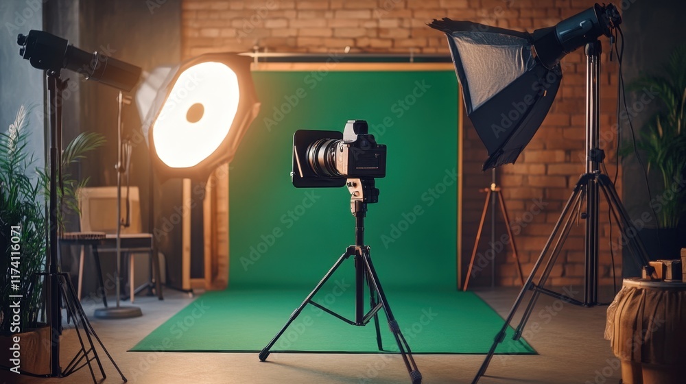 Poster a green screen studio setup with tracking markers visible, surrounded by professional lighting.