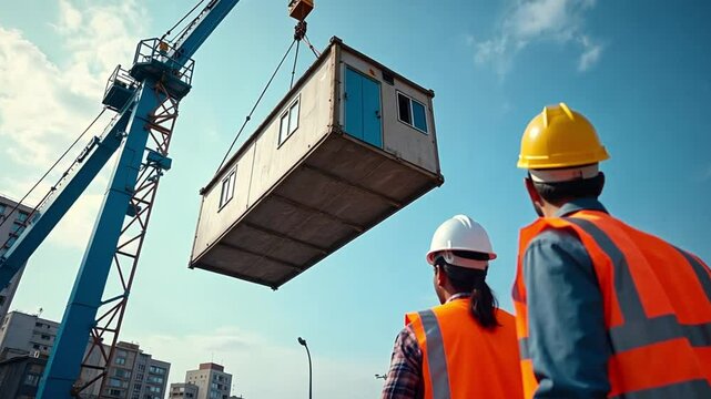 Construction Workers Observing Crane Lifting Prefabricated Building Module