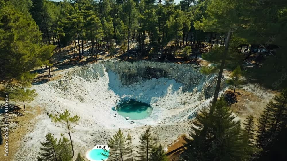 Poster stunning view of a natural crater pool surrounded by lush greenery in a serene forest setting
