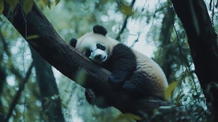 Obraz premium Adorable Panda Napping in a Lush Bamboo Forest