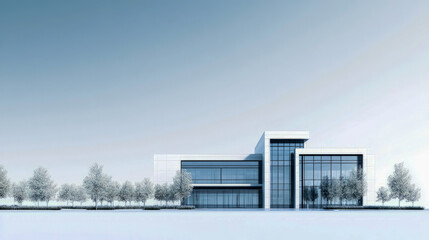 Modern minimalist architecture of a glass office building with blue sky