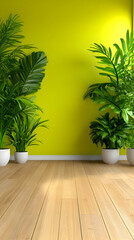 3D Render Green Plants Yellow Wall