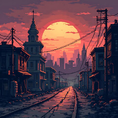 Naklejka premium A Captivating Sunset Over a Dystopian Urban Landscape with Historic Architecture and Skyscrapers