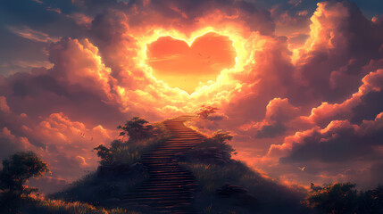 Fototapeta premium Surreal stairway, heart-shaped sunset sky, heavenward. Ravenwood. Illustration