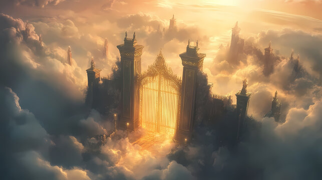 The golden gate in the clouds at the entrance to the kingdom of heaven and the righteous near the gate. Ravenwood. Illustration