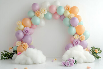 Pastel balloon arch with roses and cloud decoration for celebrations