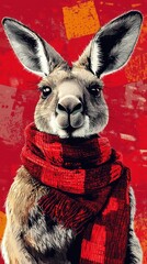 Fototapeta premium Closeup portrait of an adorable and fluffy rabbit wearing a warm red scarf looking directly at the with a cute friendly expression against a red graphic background Perfect for holiday winter