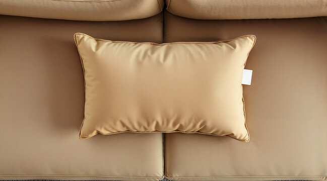 Cozy pillow mockup with tag on a soft sofa surface in a warm and inviting living room