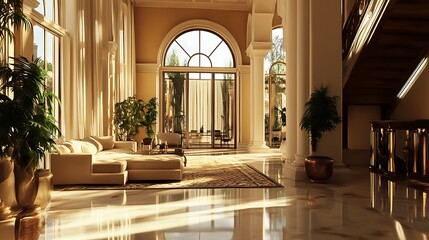 Elegant interior with natural light, plants, and a staircase, showcasing luxury design.