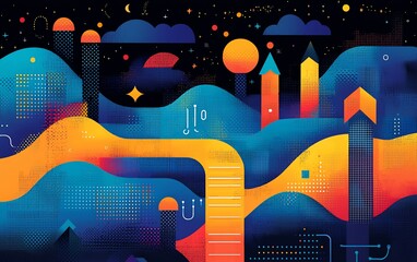 Abstract night landscape with vibrant hills, geometric shapes, and celestial elements.