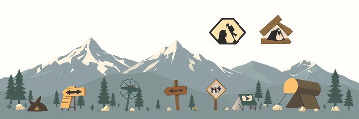 A collection of vector icons featuring mountains, perfect for showcasing hiking, travel, camping, and outdoor adventure themes, symbol, hike, illustration