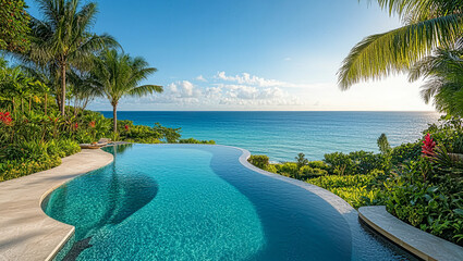 Fototapeta premium Panoramic Tropical Hotel, Tropical Gardens by Infinity Pool and Azure Sea. Holiday Travel Background with Copy space 