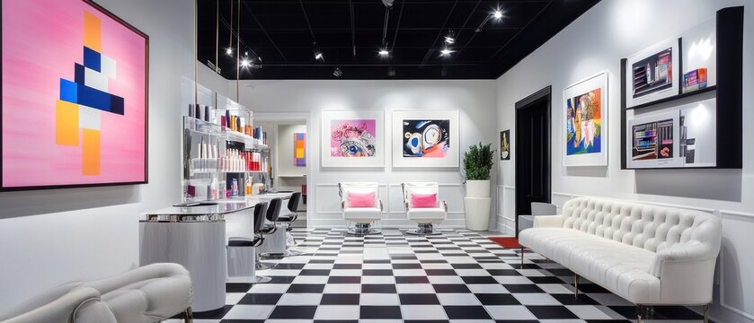 Chic salon interior with modern art, checkered floor, and stylish furniture.