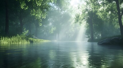 A serene view of a calm river flowing through a dense forest with mist rising from the water's surface HD, realistic