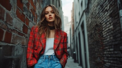 Naklejka premium Woman in red plaid blazer leaning against brick wall in alley.