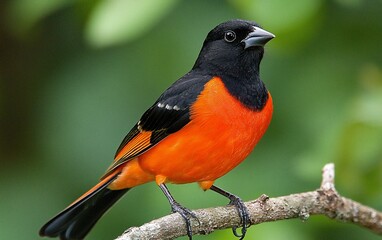 Vivid orange and black bird perched on a branch.