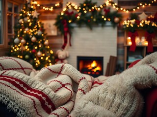 A cozy living room decorated for Christmas with a glowing fireplace, soft blankets, and twinkling lights creating a warm and inviting atmosphere, cozy, blankets, atmosphere