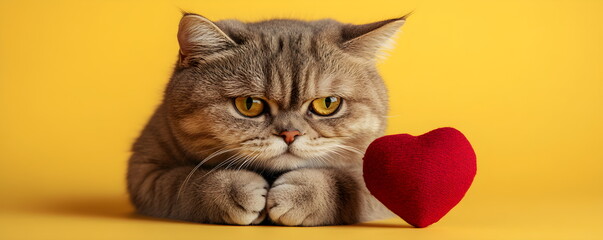 Sad beige British cat lies nearby and looks at the knitted heart on a yellow background. Valentine's Day, for a greeting card or advertising banner with. Romantic gift, celebrating February 14.