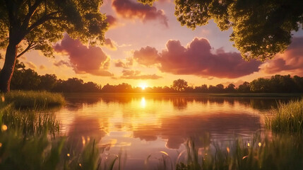 Serene sunset over tranquil lake with lush trees and reflective water