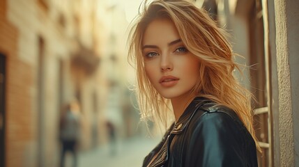 Obraz premium Blonde woman in leather jacket, city street.