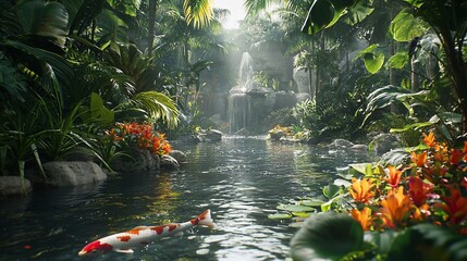Serene koi pond in lush tropical garden with waterfall.