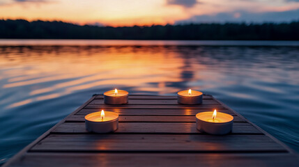 Peaceful evening by the lake with floating candles at sunset