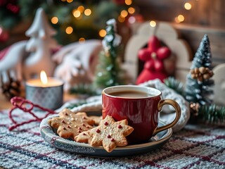 A cozy winter scene with a cup of hot cocoa and a festive Christmas cookie on a wooden table, cozy atmosphere, festive decoration, Christmas cookie