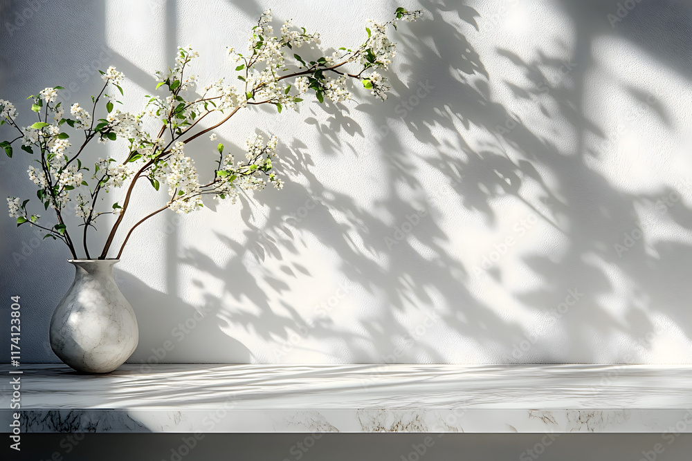 Poster a marble table with a tree shadow casting onto a white wall serves as a background for product mocku