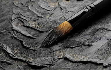 Close-up of a paintbrush on textured black paint with gold flecks.