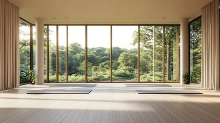 Fototapeta premium A serene yoga studio featuring a light wooden floor, minimalist decor, and a panoramic view of lush green landscapes through expansive windows