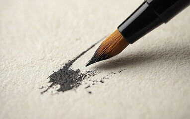 Close-up of brush applying black ink to textured paper.