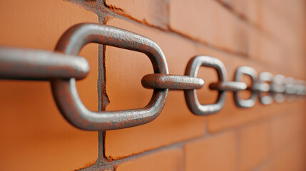 Naklejka premium Close-up of rusty metal chain links against red brick wall