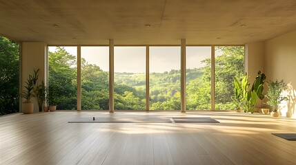 A serene yoga studio featuring a light wooden floor, minimalist decor, and a panoramic view of lush...