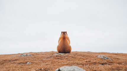 Naklejka premium Lone capybara sitting on a grassy hill under a cloudy sky
