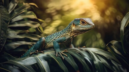 Fototapeta premium Vibrant Reptile on Lush Green Jungle Leaves